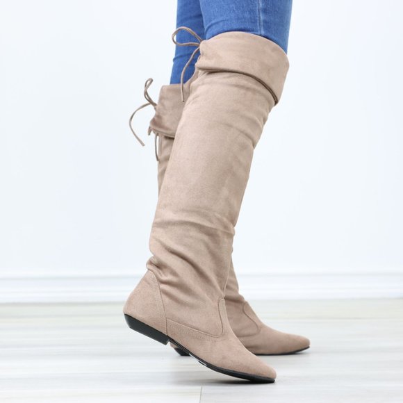Fold Over Taupe Thigh High Over The Knee Flat No Heel Boots Faux Suede Pointed - Picture 6 of 14